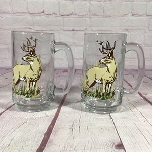 Vintage Whitetail Deer Heavy Glass Stein Mugs - Signed D. Miller